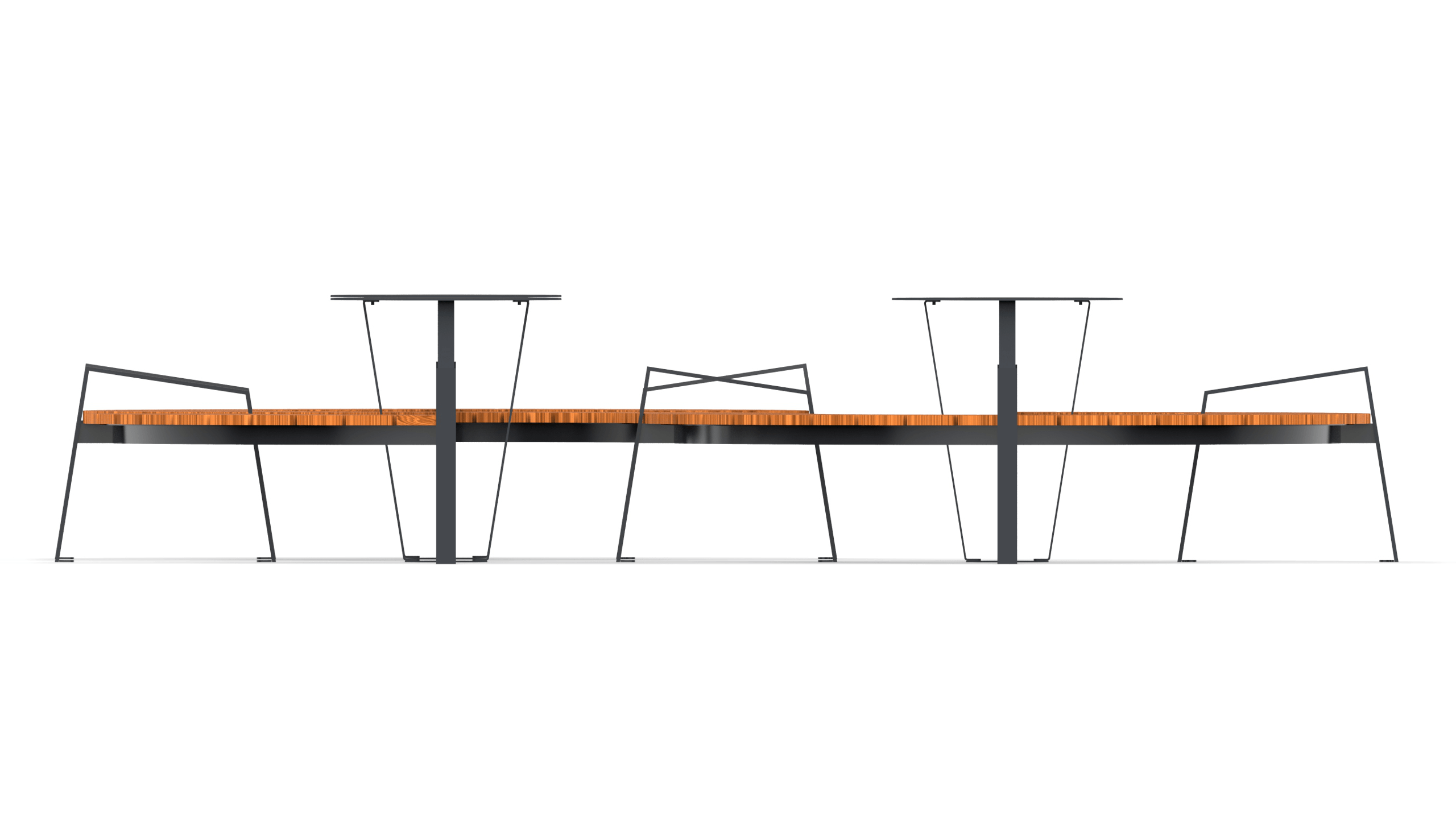 side view of outdoor bench with tables