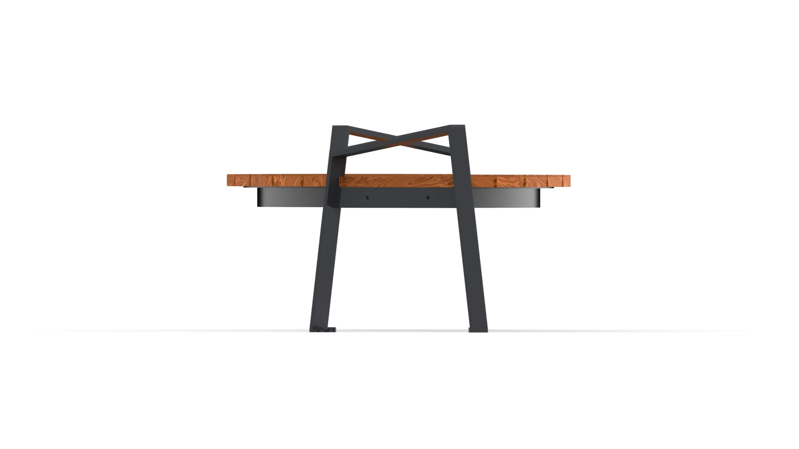 side view of curved shaped outdoor seating with metal frame and wooden seat