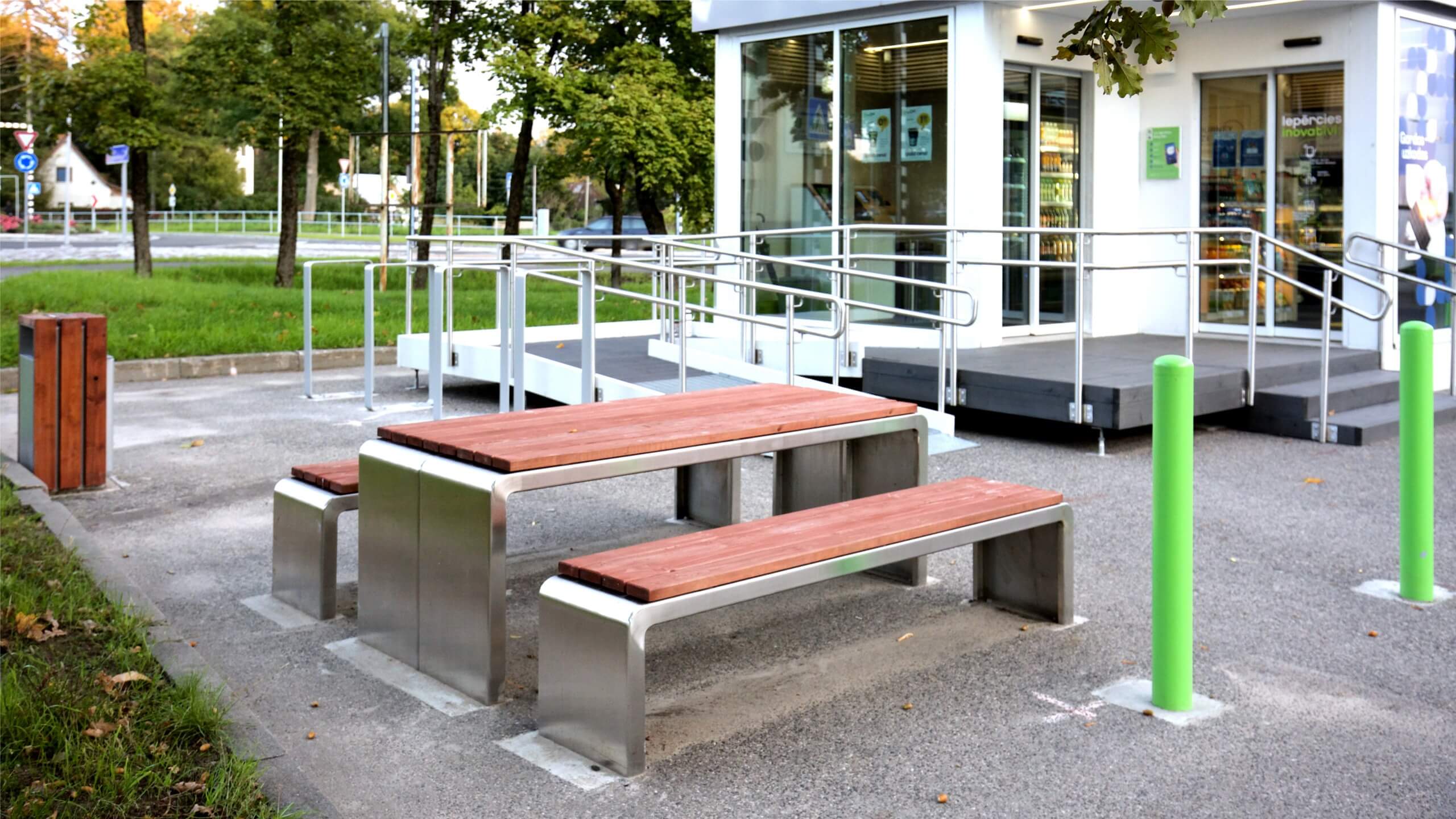 outdoor table with benches in the urban environment