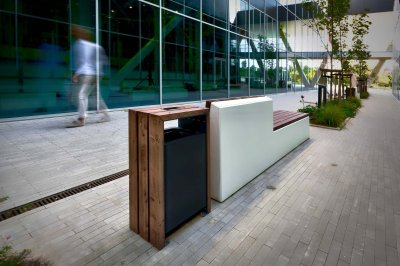 trash bin in with steel frame and wooden finish