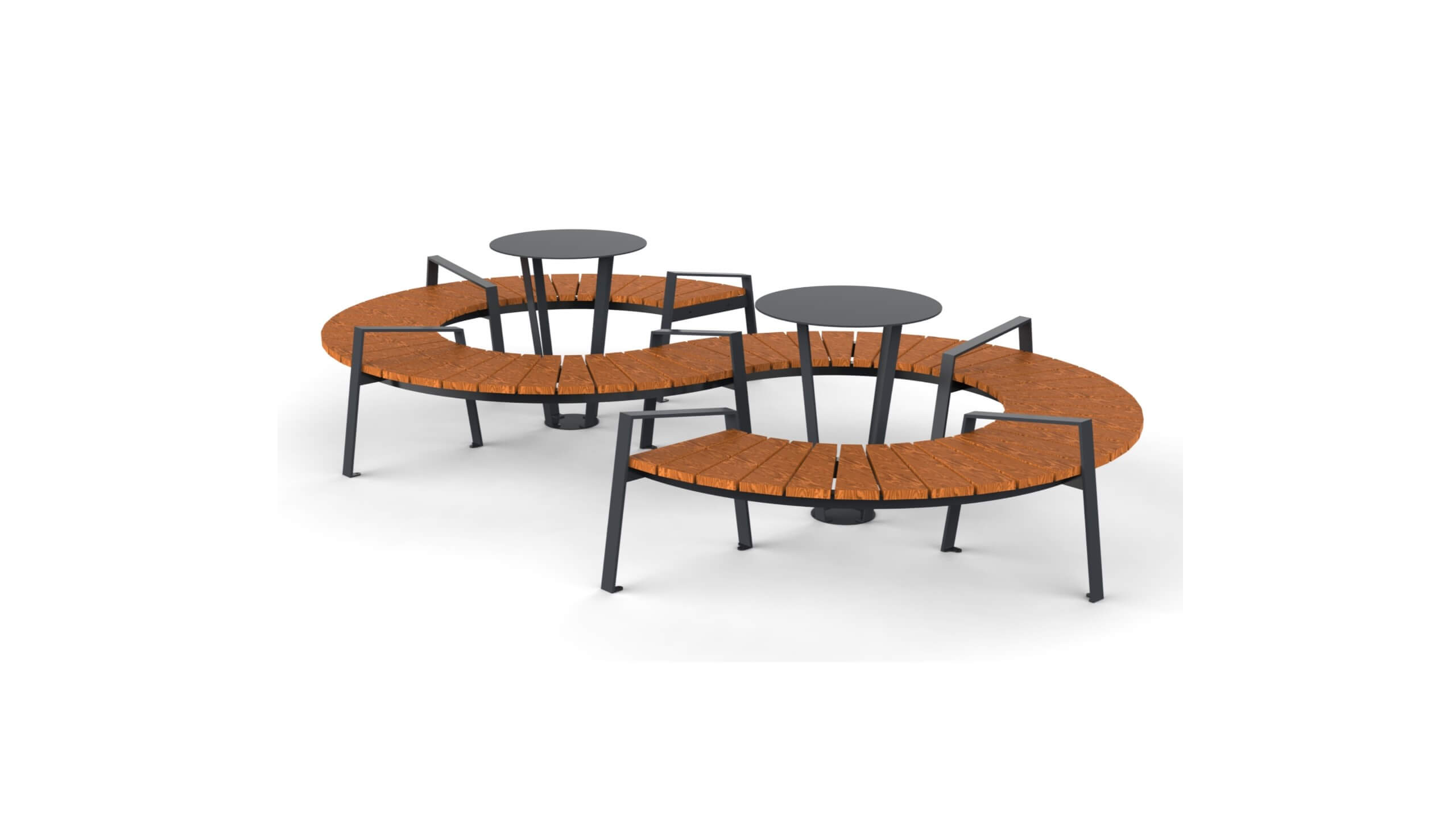 Round shaped picnic table and curved bench with wooden seat
