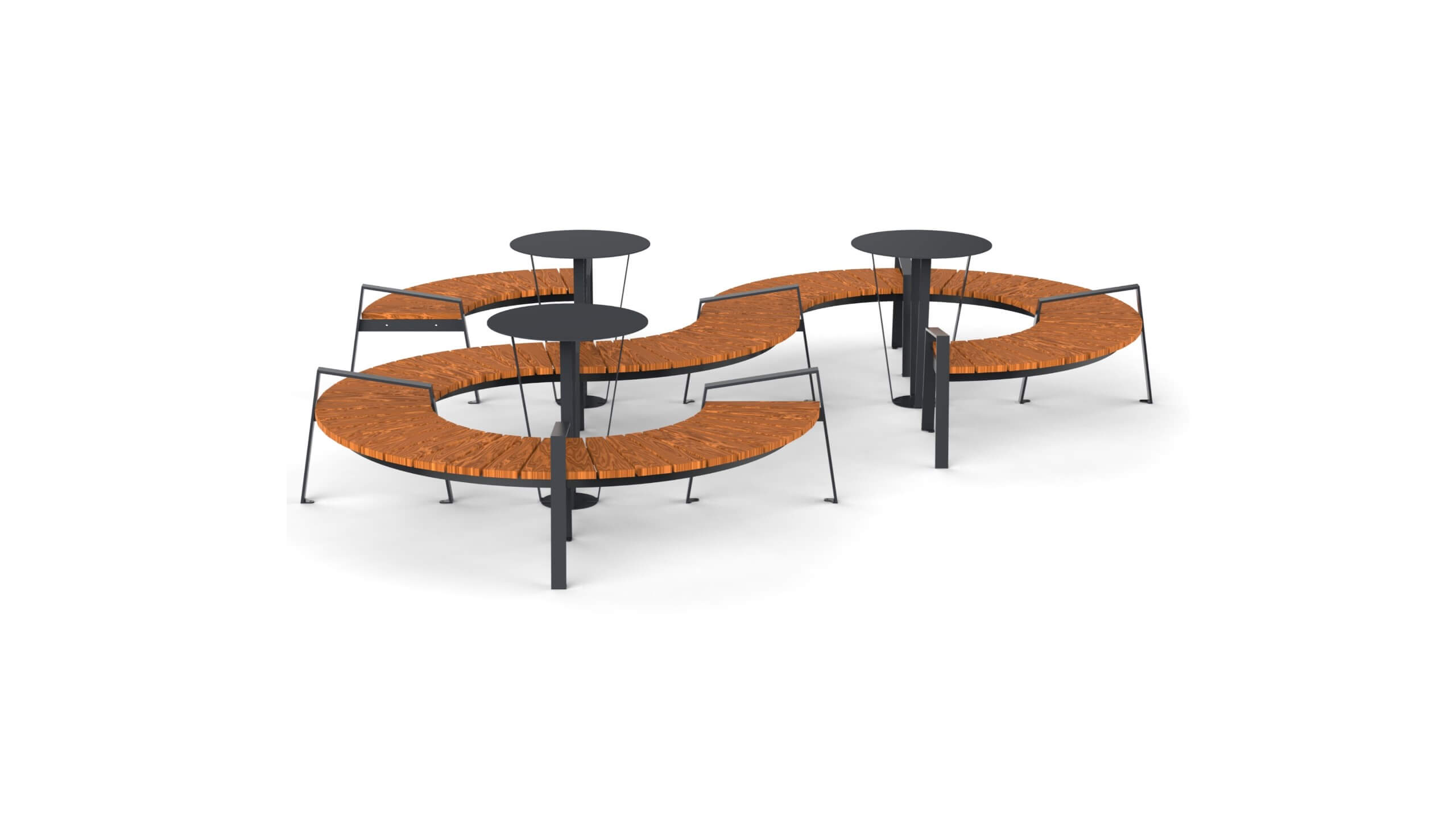 Round shaped picnic table with curved bench with wooden seat