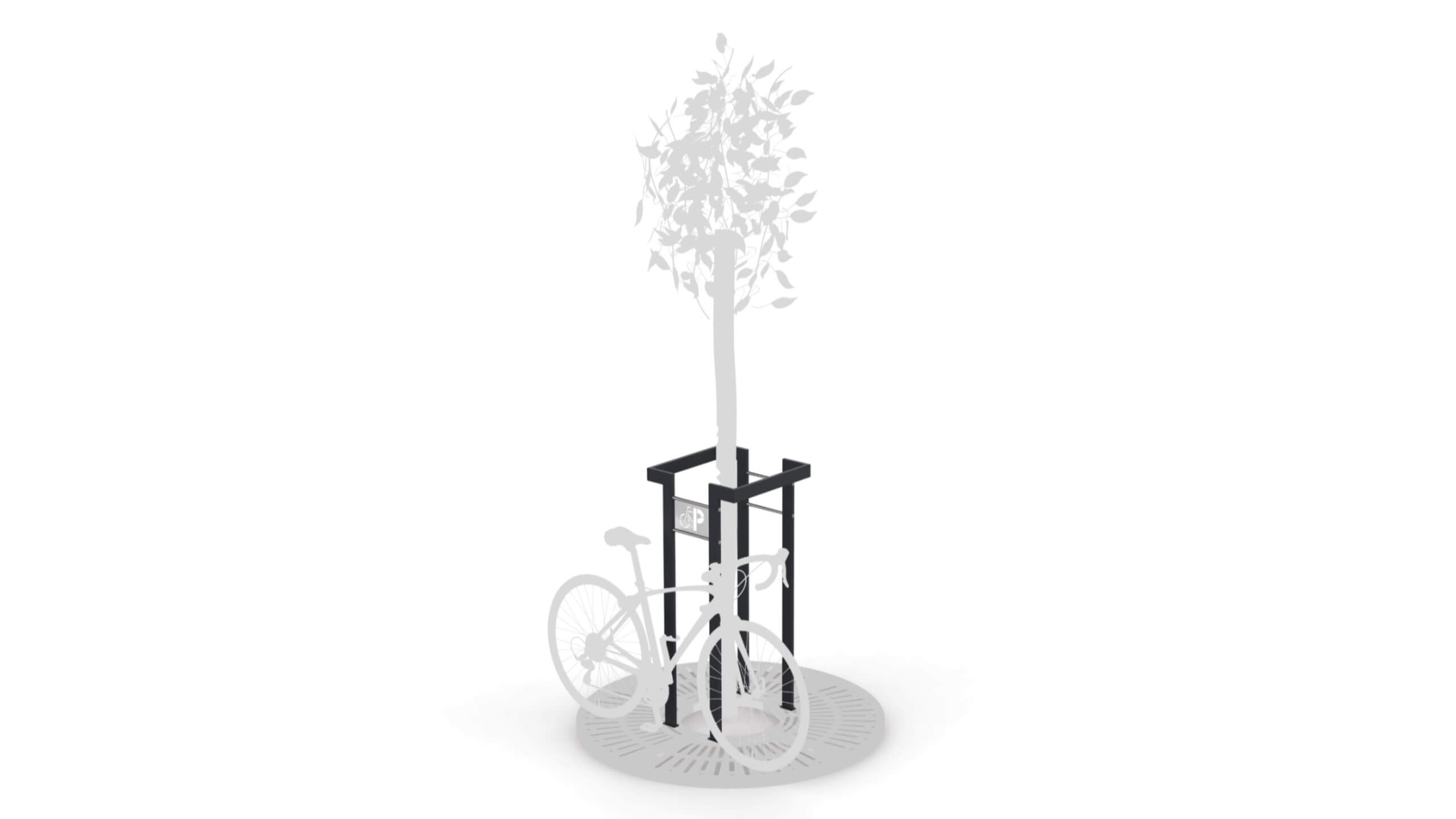 tree trunk grate with parked bike
