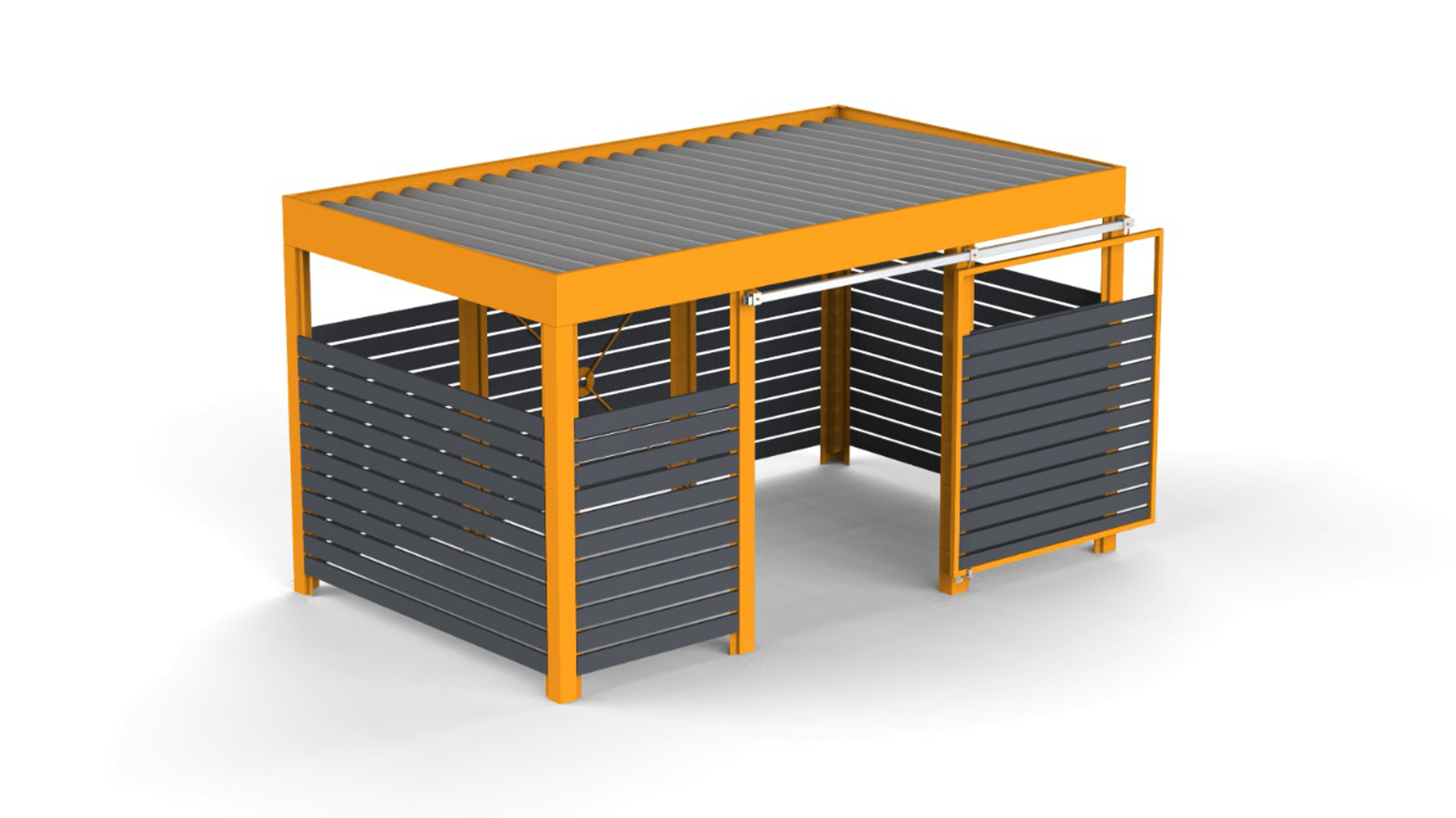 Waste enclosure with roof and yellow paint